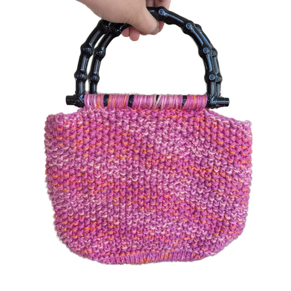 Handmade Crochet Pink/Orange Purse 90s Y2K Black Handles Tie Dye Interior - Picture 1 of 4